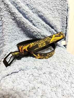 Versace Black Belt with Yellow Gold Baroque Motif